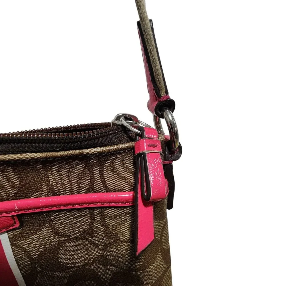 Coach Signature Stripe Crossbody Bag Brown Pink Canvas Leather Small